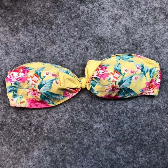 Abercrombie Fitch Bikini Top L Bandeau Strapless Yellow Floral Back Hook Padded - Picture 1 of 12